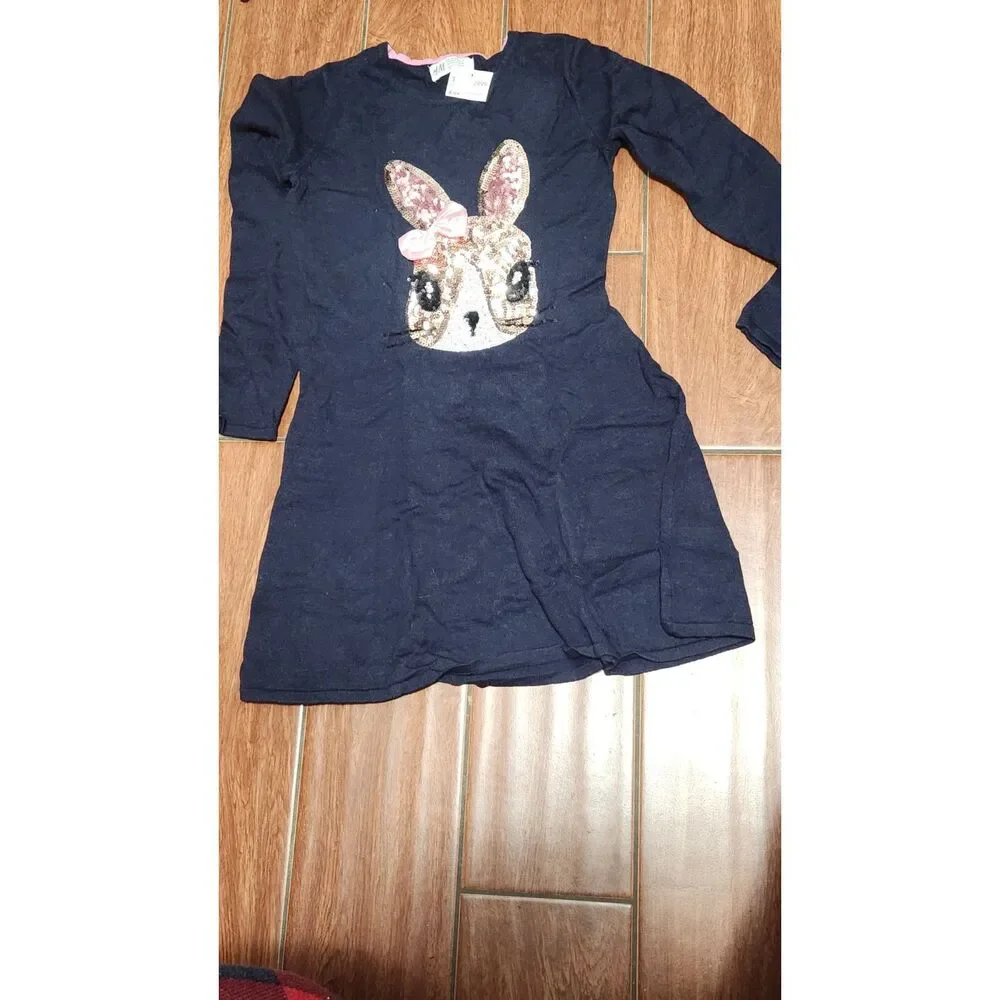 NWT H&M Navy Knit Sequin Bunny Long-sleeved Dress 134-140 cm 8-10 Years easter